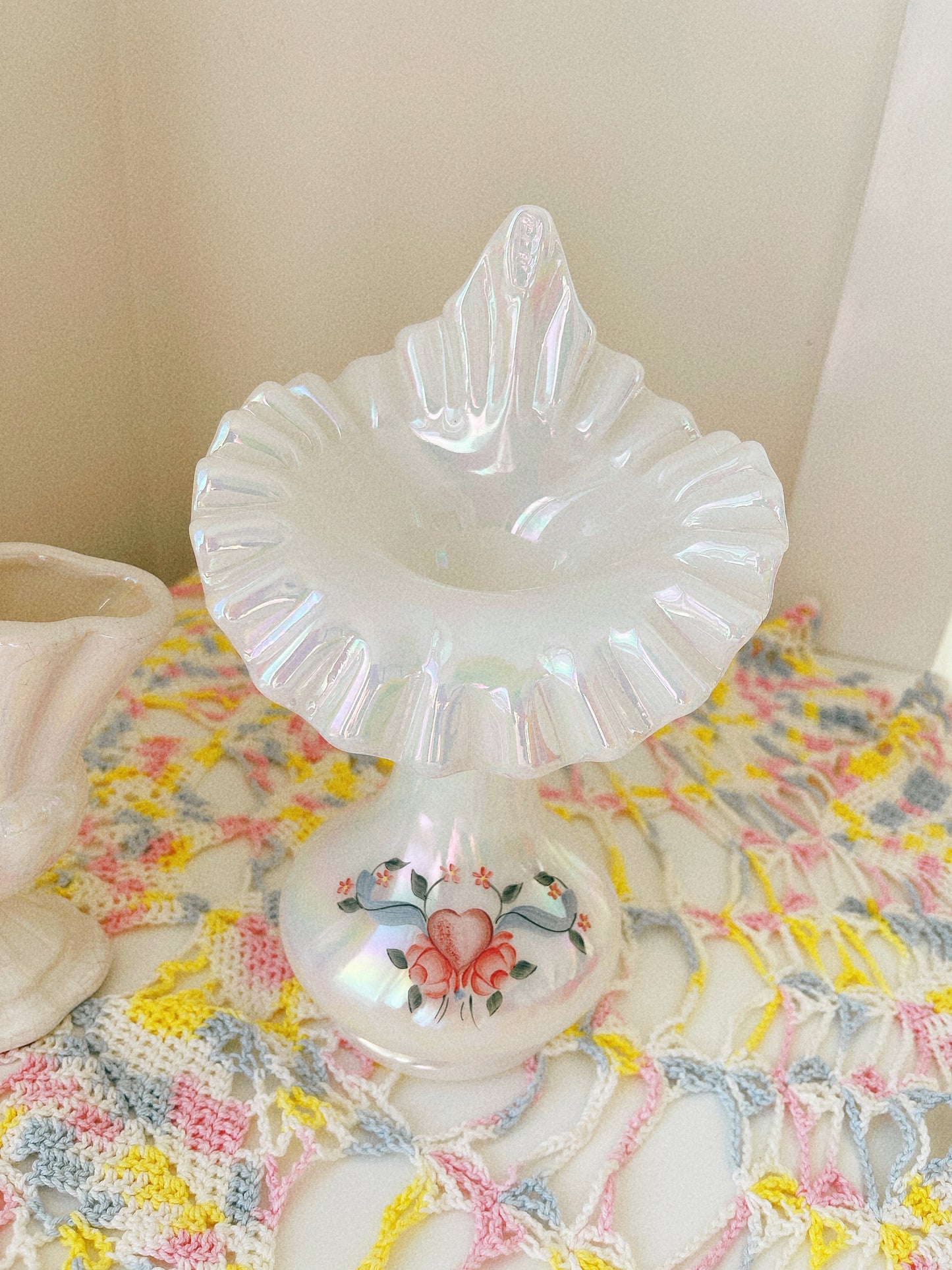 Vintage Fenton Glass Hand Ruffled Vase - Handpainted S Hart