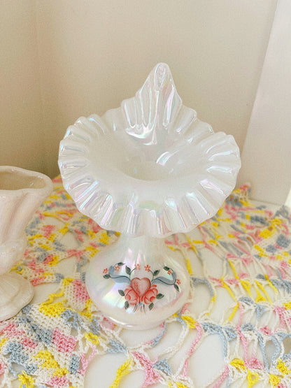 Vintage Fenton Glass Hand Ruffled Vase - Handpainted S Hart