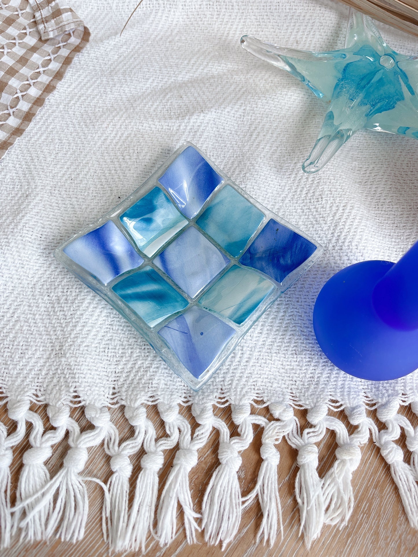 Glass Blue Check Trinket Plate