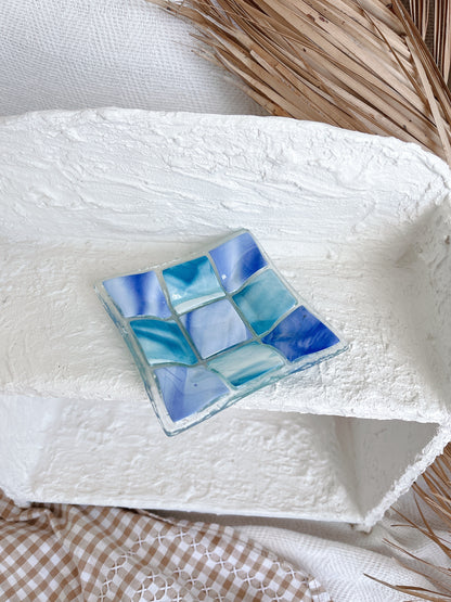 Glass Blue Check Trinket Plate